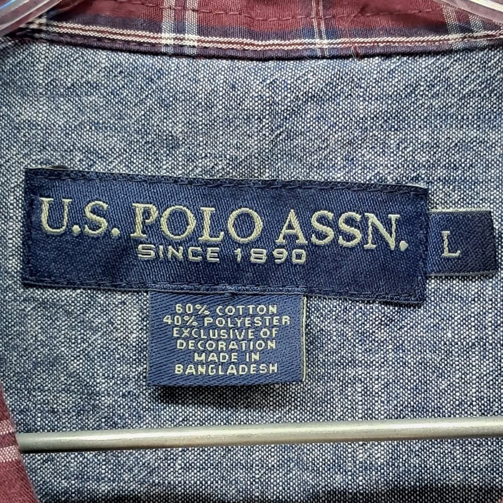 US Polo Assn Mens Large Burgundy Plaid Long Sleeve Button Down Shirt Maroon‎ L